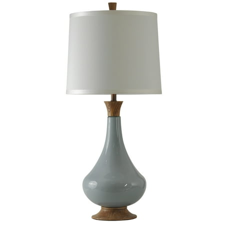 Table Lamp - Coupe Blue Painted Glass With India Wood Finish - White Hardback Fabric