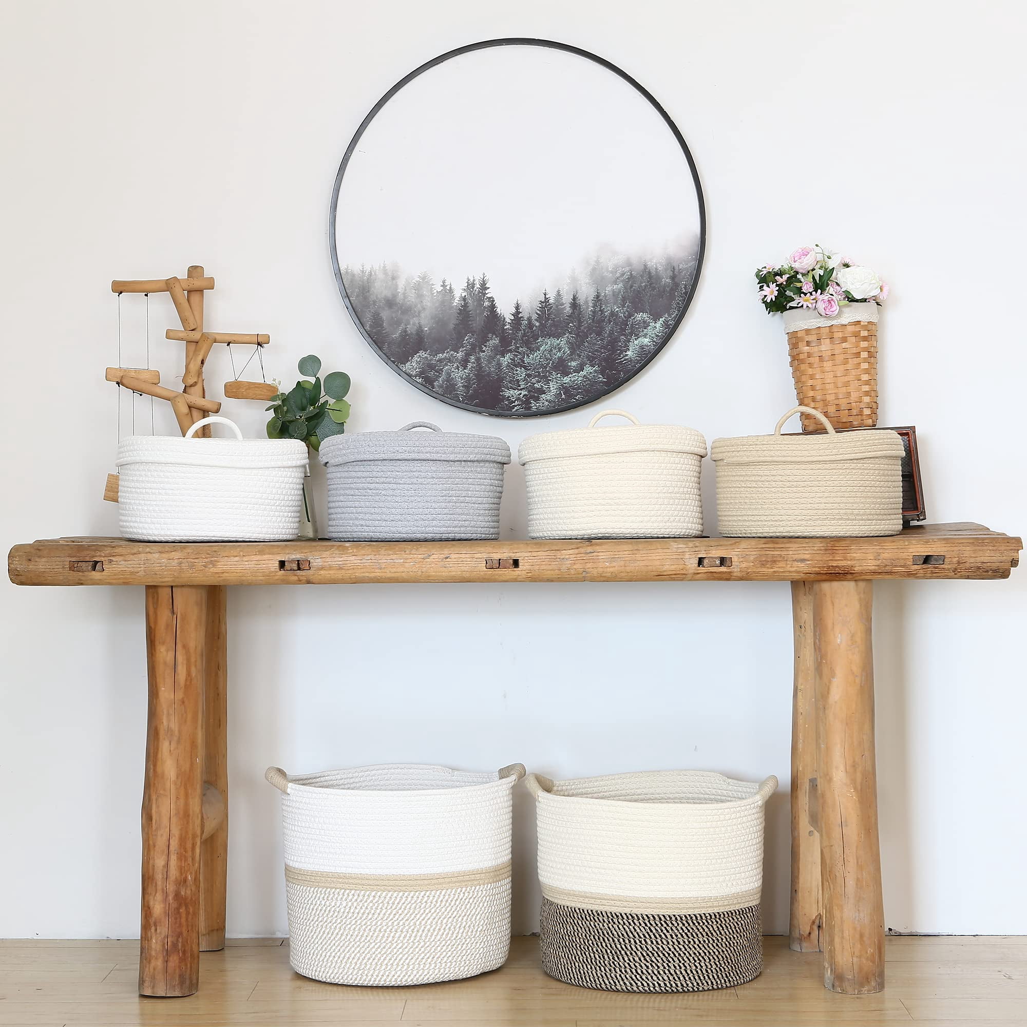 Sea Team Round Cotton Rope Storage Basket with Lid, Lidded Woven Storage Bin, Nursery Storage Container, Diaper Caddy, Baby Shower Basket, Box, Organizer, 11.8 x 11.8 x 6.7 Inches, Cream