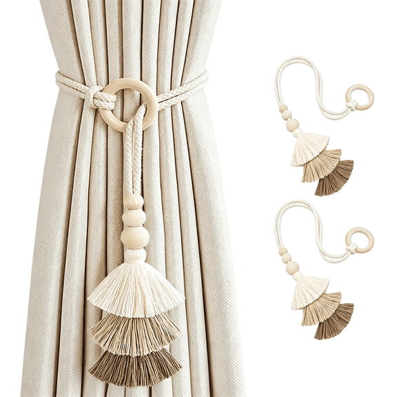 TUWAFE 2Pcs Curtain Tiebacks with Tassel, Handmade Wooden Bead Tassel Curtain Tie Backs, Simple Tiebacks Wall Decoration for Bedroom Window Treatment
