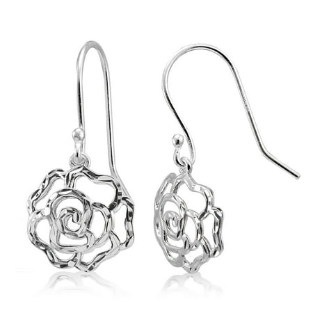 - Mondevio High Polished Diamond-cut Filigree Rose Flower Dangle Earrings in Sterling Silver
