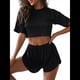 thumbnail image 2 of Pijama de Rayas para Mujer, Conjunto de Dos Piezas, Camiseta con Estampado de Rayas y Hombros Caídos, Pantalones Cortos Cruzados con Abertura. Negro S, 2 of 9