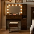 thumbnail image 4 of T4TREAM Farmhouse Vanity Desk with LED Lighted Mirror, Rustic Makeup Vanity Desk with Power Outlet, 3 Drawers and Stool for Bedroom, Brown, 4 of 10