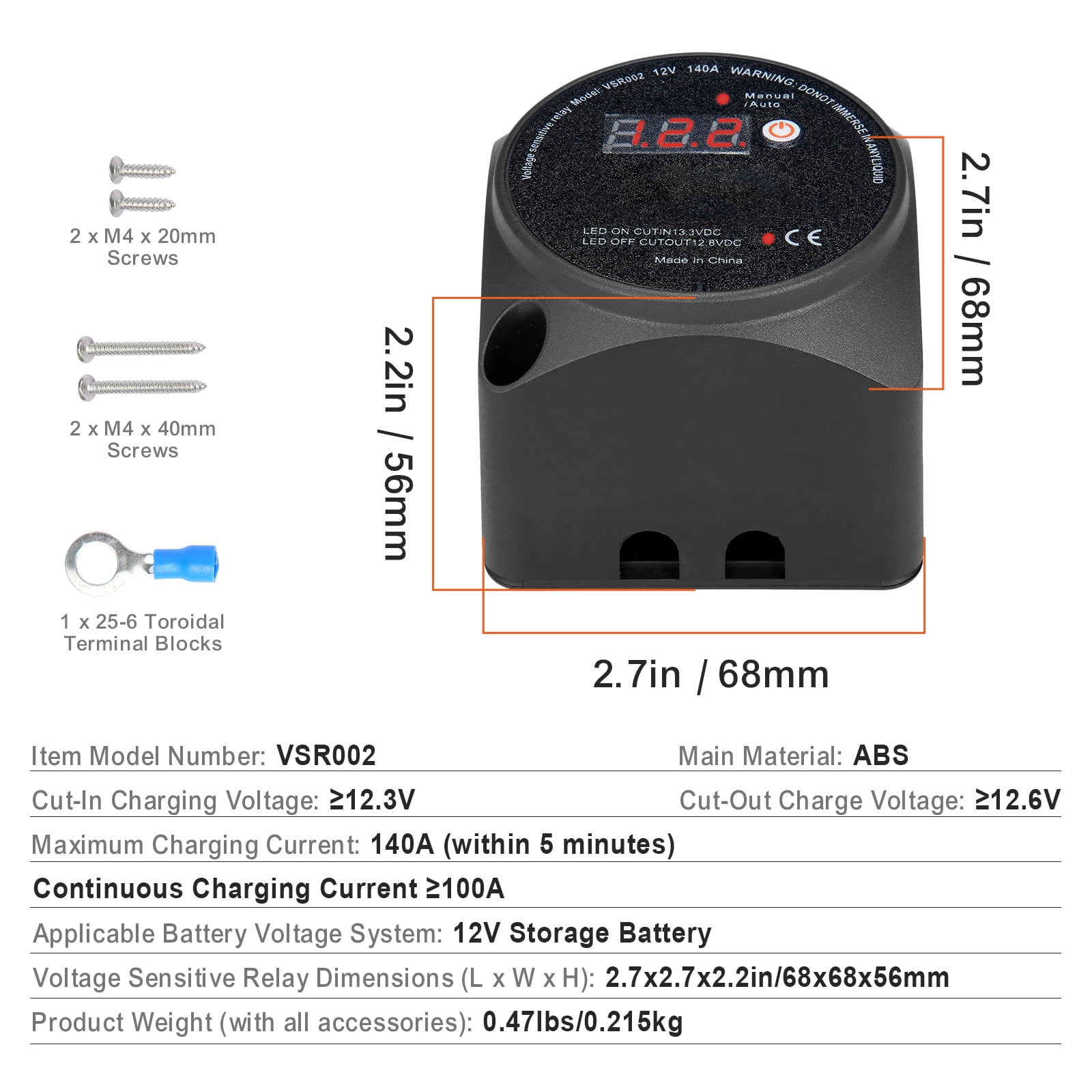 KFFKFF Split Charge Relay Voltage Sense Relay 12V 140A Dual Battery Isolator