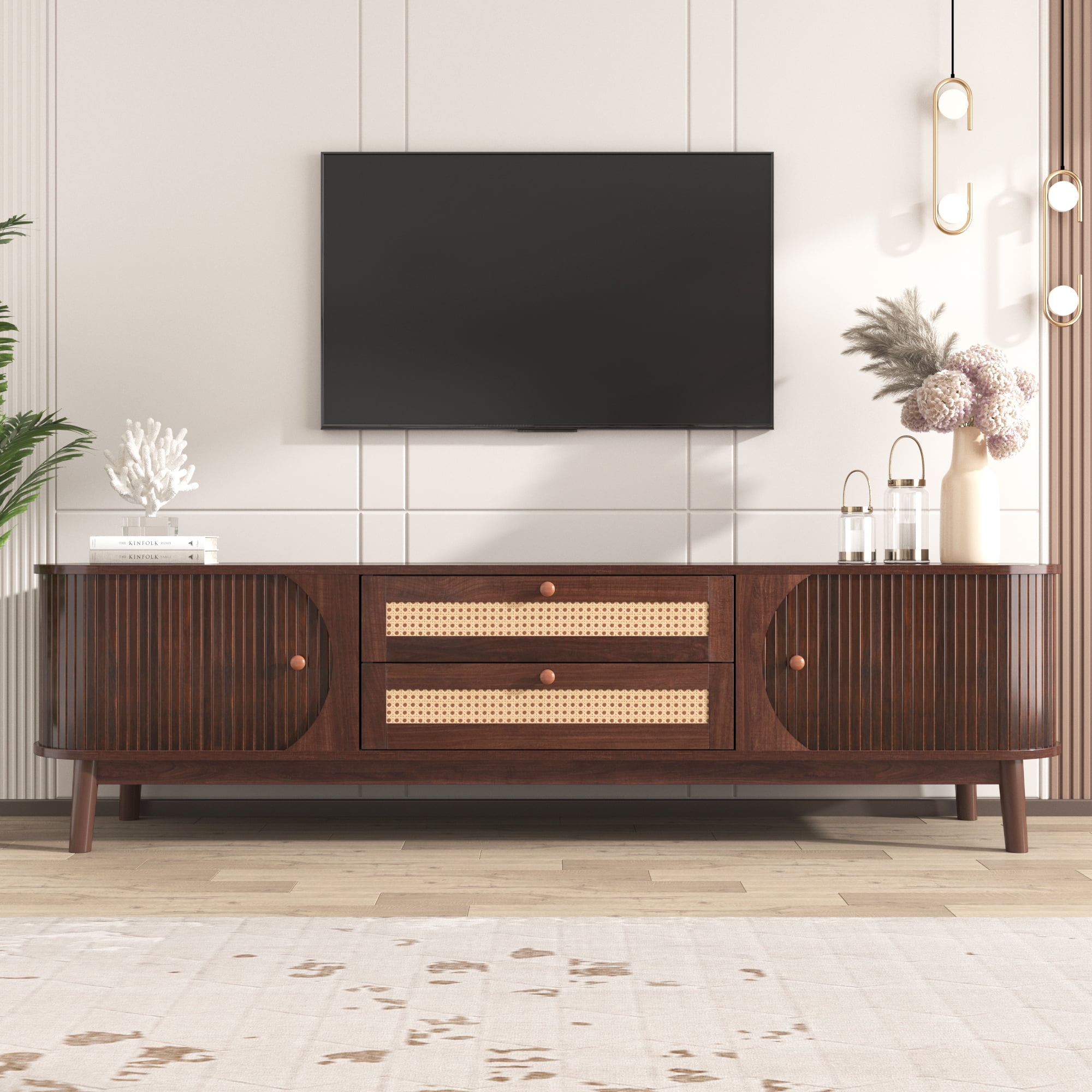 Euroco Rattan TV Stand for TVs up to 75", Modern Entertainment Center with Storage Cabinets, Solid Wood Doors & Cable Management, Mid-Century Media Console for Living Room