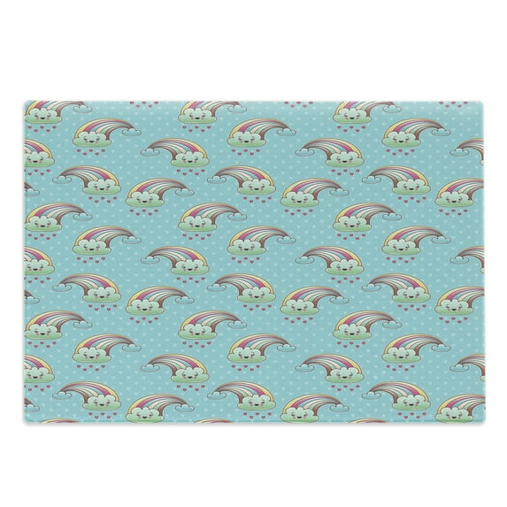 Anime Cutting Board, Cartoon Rainbow Clouds with Smiling Faces on Pale Blue Background with Hearts, Decorative Tempered Glass Cutting and Serving Board, in 3 Sizes, by Ambesonne