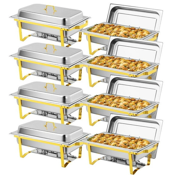 Ktaxon 8 Pack Chafing Dish for Buffet, 8 Quart Stainless Steel Buffet Set, Rectangular Chafers and Warmers Sets for Party, Catering, Wedding, Banquet, Graduation, Gold