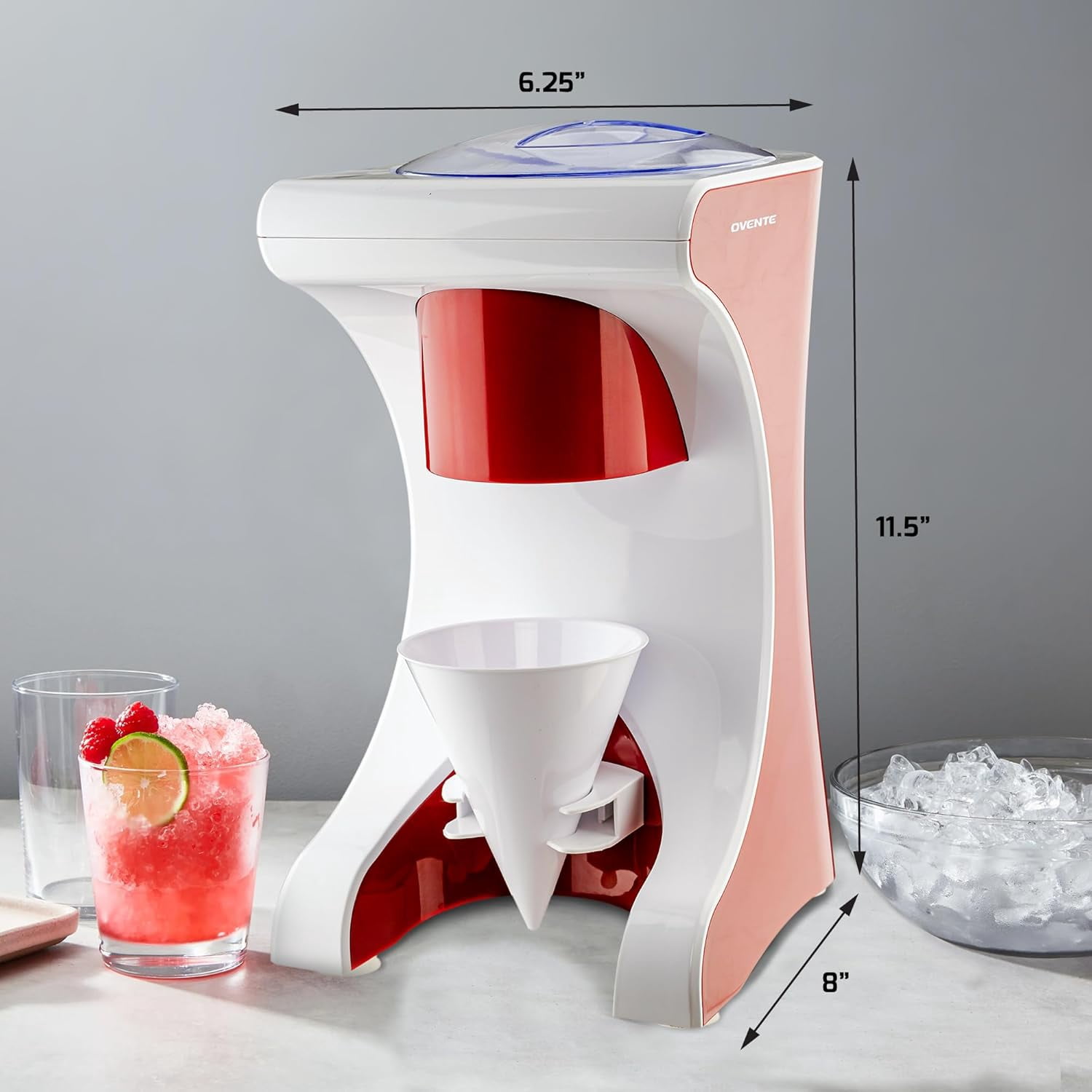 OVENTE Shaved Ice Snow Cone Machine with Reusable Plastic Cup, Non-Slip Mat and Stainless Steel Blade, Kitchen Countertop Slushie Machine for Homemade Snowballs, Frozen Cocktails & More, Red ICR1505R