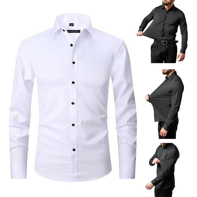 Xishao Camisa elástica antiarrugas para hombre, manga larga, con botones, ajuste delgado, casual, para negocios, formal Xishao ropa