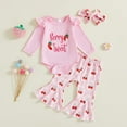 thumbnail image 2 of CAICJ98 Baby Girl Clothes Newborn Infant First Birthday Outfits Ruffle Long Sleeve Berry Sweet Romper Strawberry Flare Pants Set with Headband (Pink,3-6 Months), 2 of 7
