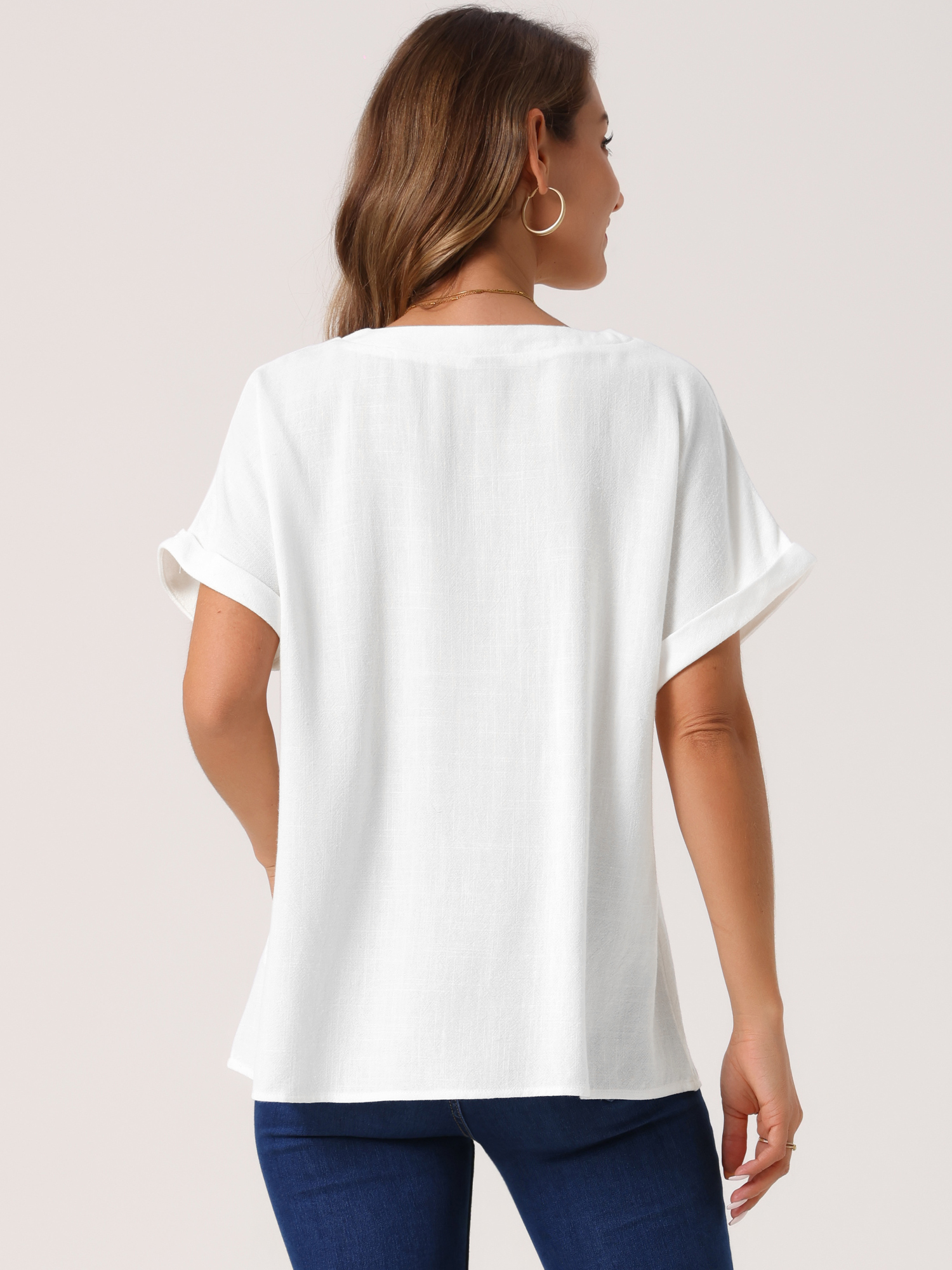 DARING DIVA Women's Linen Shirts Short Sleeve V Neck Blouse M White