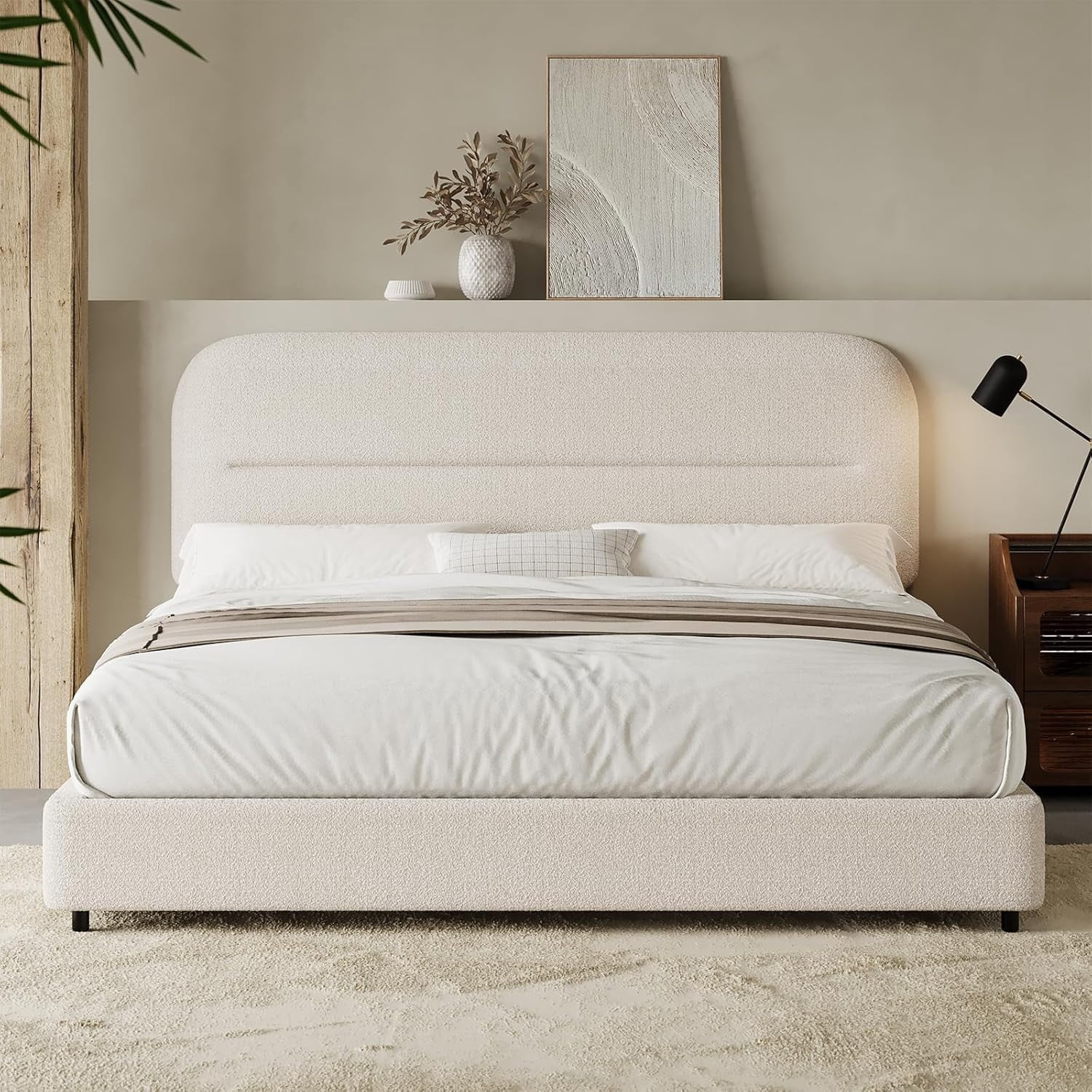 4 EVER WINNER Full Bed Frame with Headboard, Boucle Upholstered Platform Bed Frame wiith Rounded Corner, Soft Cloud Bed Frame, No Box Spring Needed, Cream