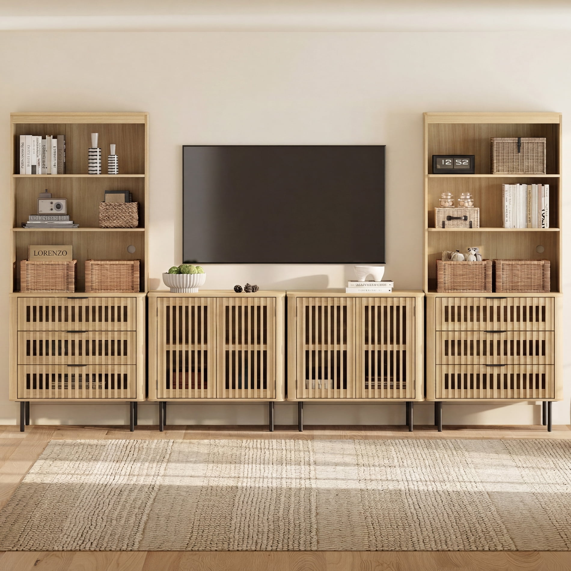 WAMPAT 72.8" Tall Bookshelf with Doors and Drawers, Modern Bookcase with Storage, Adjustable Shelves, Wood Storage Cabinet, Oak