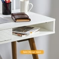 thumbnail image 3 of EastVita Modern Simple Home Office Desk, Mid Century Modern Computer Writing Desk with Drawer Solid Wood Legs and Open Storage Cubby, Small Vanity Table Desk, 3 of 7