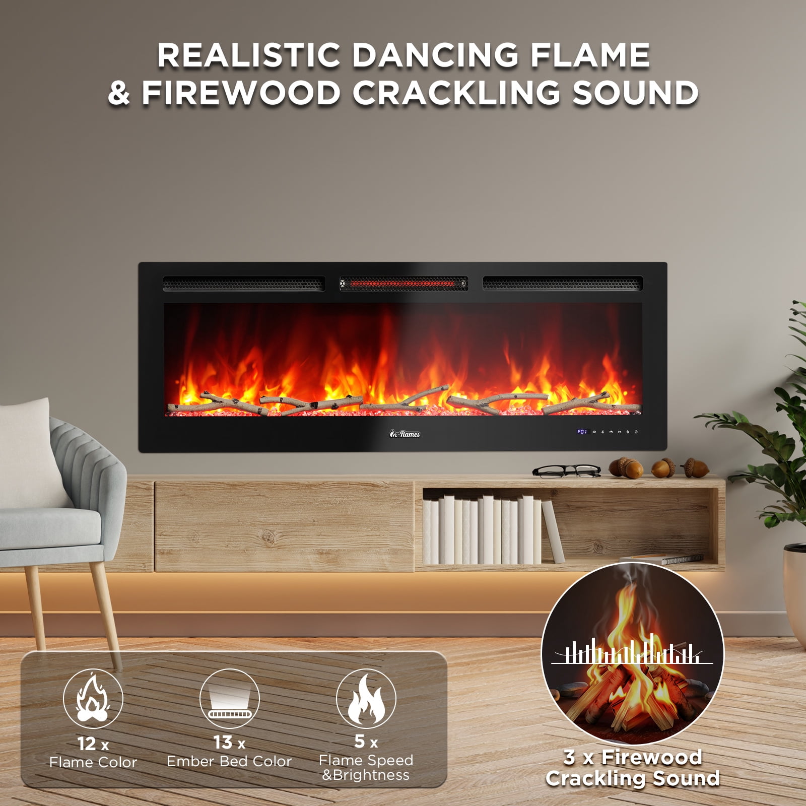 Turbro Wifi Electric Fireplace with Realistic Flame and Crackling Sound,  1500W Infrared Quartz Heater, Recessed or Wall Mounted, 50-inch -  Walmart.com