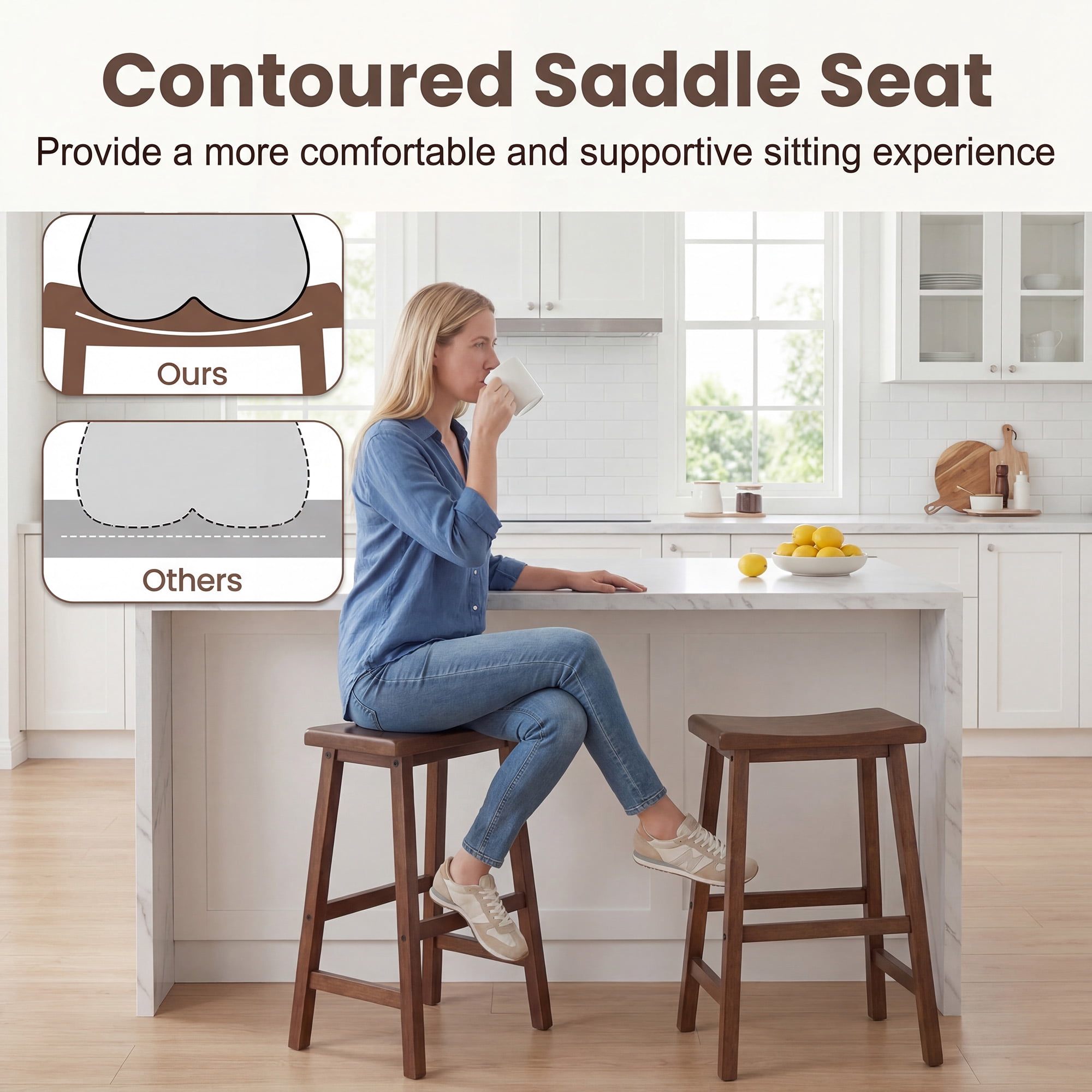 ELLEGNT 2 PCS Solid Wood Saddle Bar Stools - Backless with Footrests, Wooden Counter Stools Brown