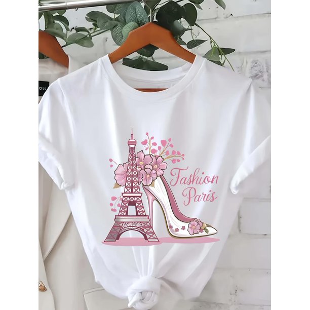 Chic Eiffel Tower & High Heels Graphic Tee for Women - Soft Polyester Blend, Short Sleeve Crew Neck, Relaxed Fit, Casual Summer & Spring Top with Floral Accents, Perfect for Travel & Outdoor Activiti
