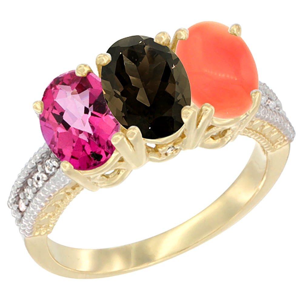 10K Yellow Gold Diamond Natural Pink Topaz, Smoky Topaz & Coral Ring 3-Stone Oval 7x5 mm, sizes 5 10 by WorldJewels