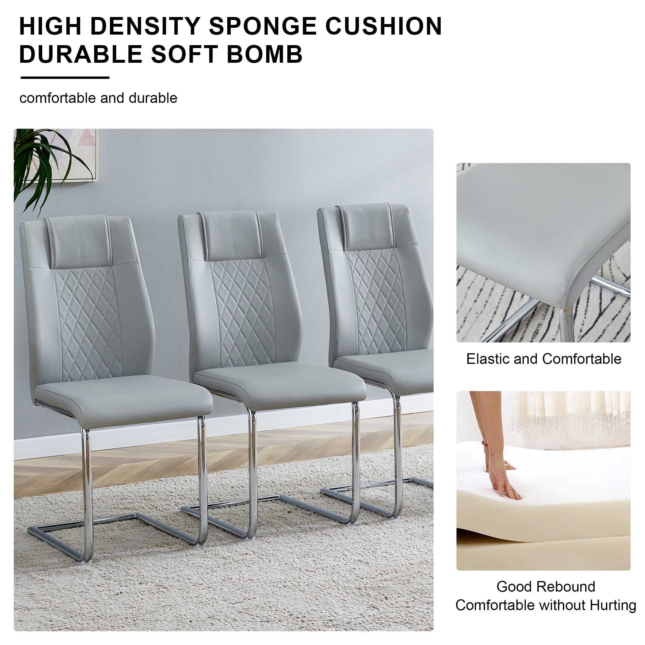 Aukfa Dining Chairs Set of 4, High Back Metal Side Chairs with Faux Leather Padded Seat for Kitchen, Dining Room, Ligh Gray/Silver