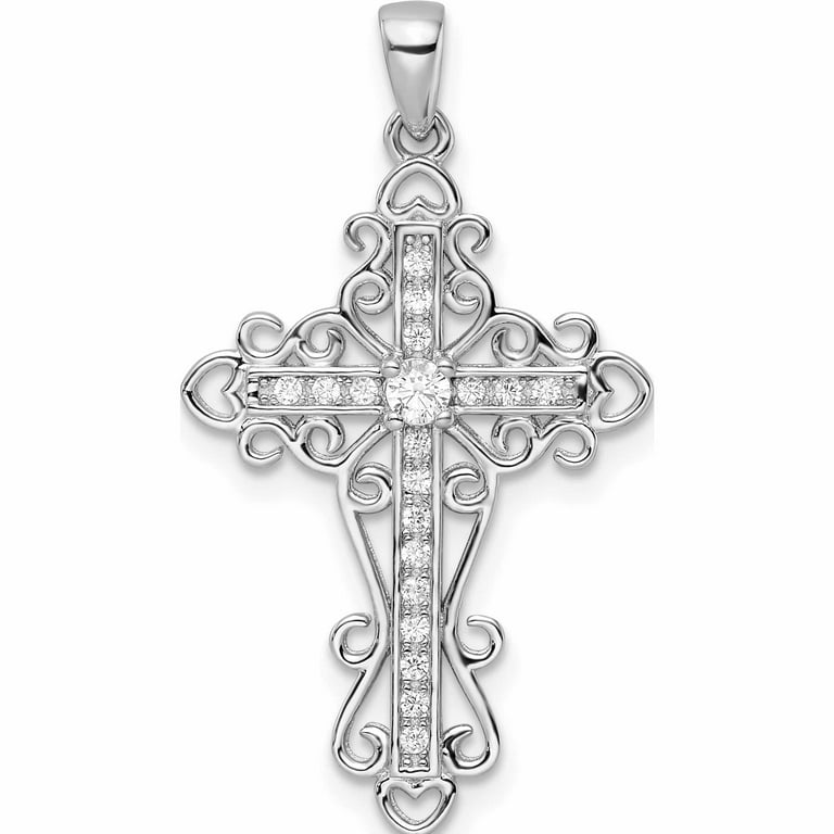 Sterling Silver Rhodium-plated CZ Fancy Cross Pendant