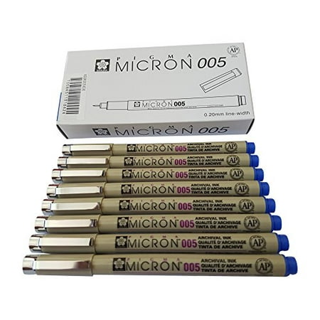 Sakura Pigma Micron pen 005 Blue ink marker felt tip pen, Archival pigment ink pens, 0.20mm line-width fine point for artist, technical drawing pens - 8 pack of Micron 005