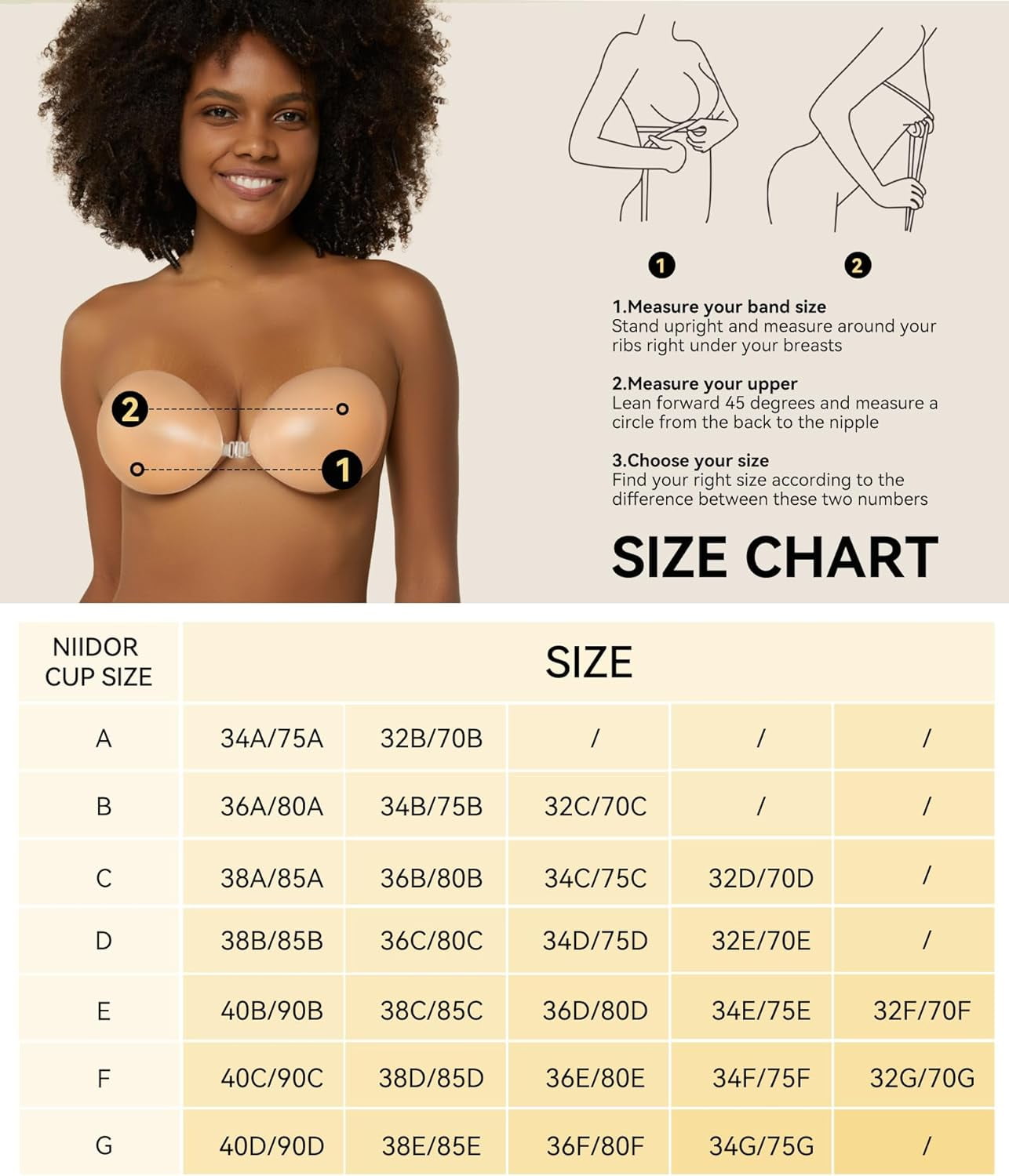 Niidor Adhesive Bra Strapless Sticky Invisible Push up Silicone Bra for Backless  Dress with Nipple Covers D Creme 