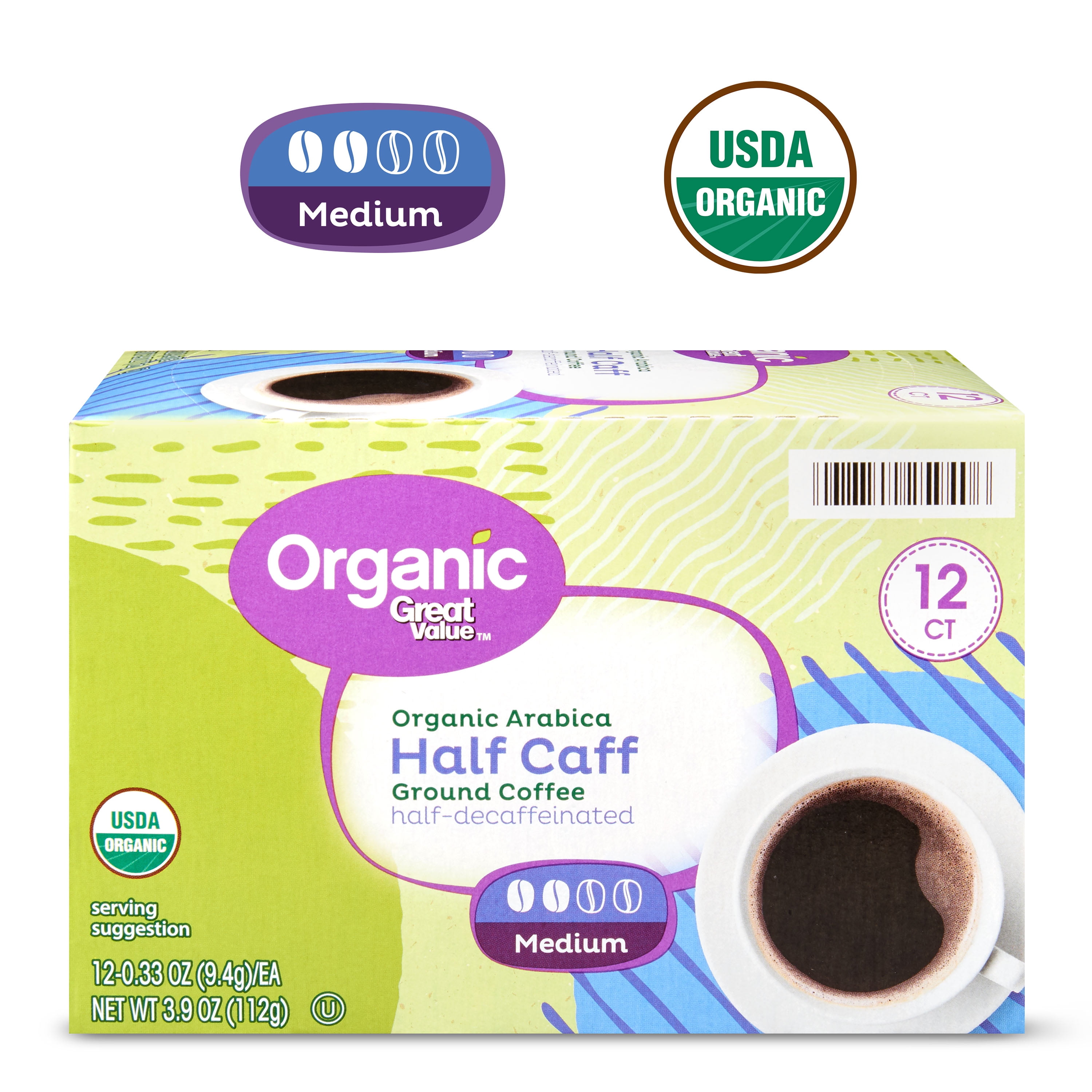 Great Value Organic Arabica Half Caff Medium Ground Coffee, 0.33 oz, 12