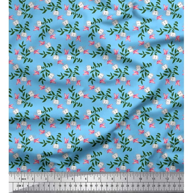 Soimoi Blue Rayon Fabric Leaves,Insect & Floral Artistic Decor Fabric Printed BTY 56 Inch Wide