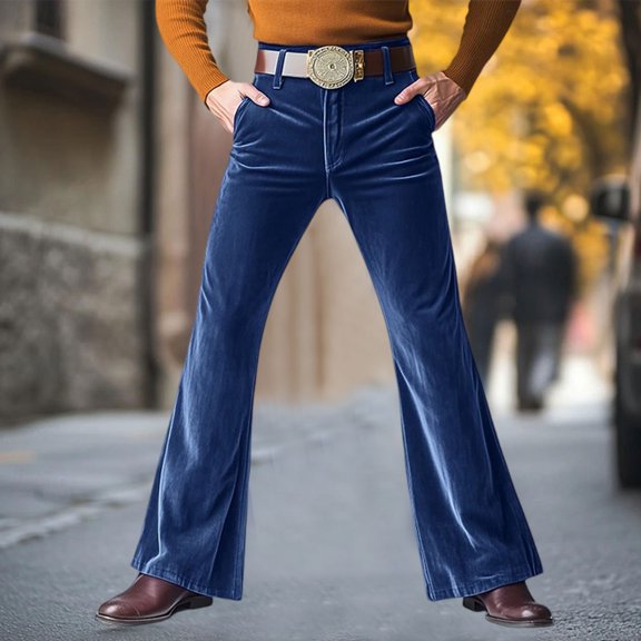 Men's Retro 60s 70s Velvet Flare Pants Classic Soft Velvet Bootcut Trousers Vintage Disco Party Outfits Blue 2XL