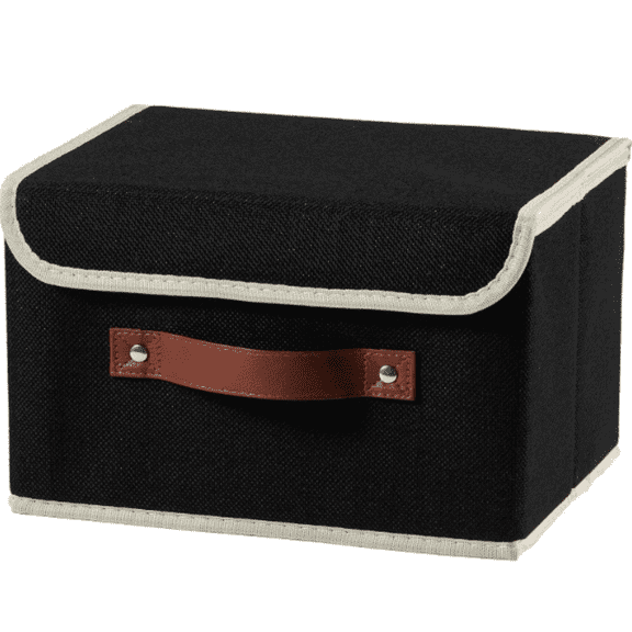 Storage Boxes with Lid Cotton Linen Fabric Storage Bins Organizer Container Drative Collapsible Washable Shelf Baskets Faux Leather Handles for Home Bedroom Closet (Black, Small Size)