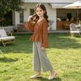 thumbnail image 4 of SGFCWSX Girls 2 Piece Outfits Bell Sleeve V Neck Peplum Tops Striped Wide Leg Pants Casual Clothes Set Brown Size 8, 4 of 8