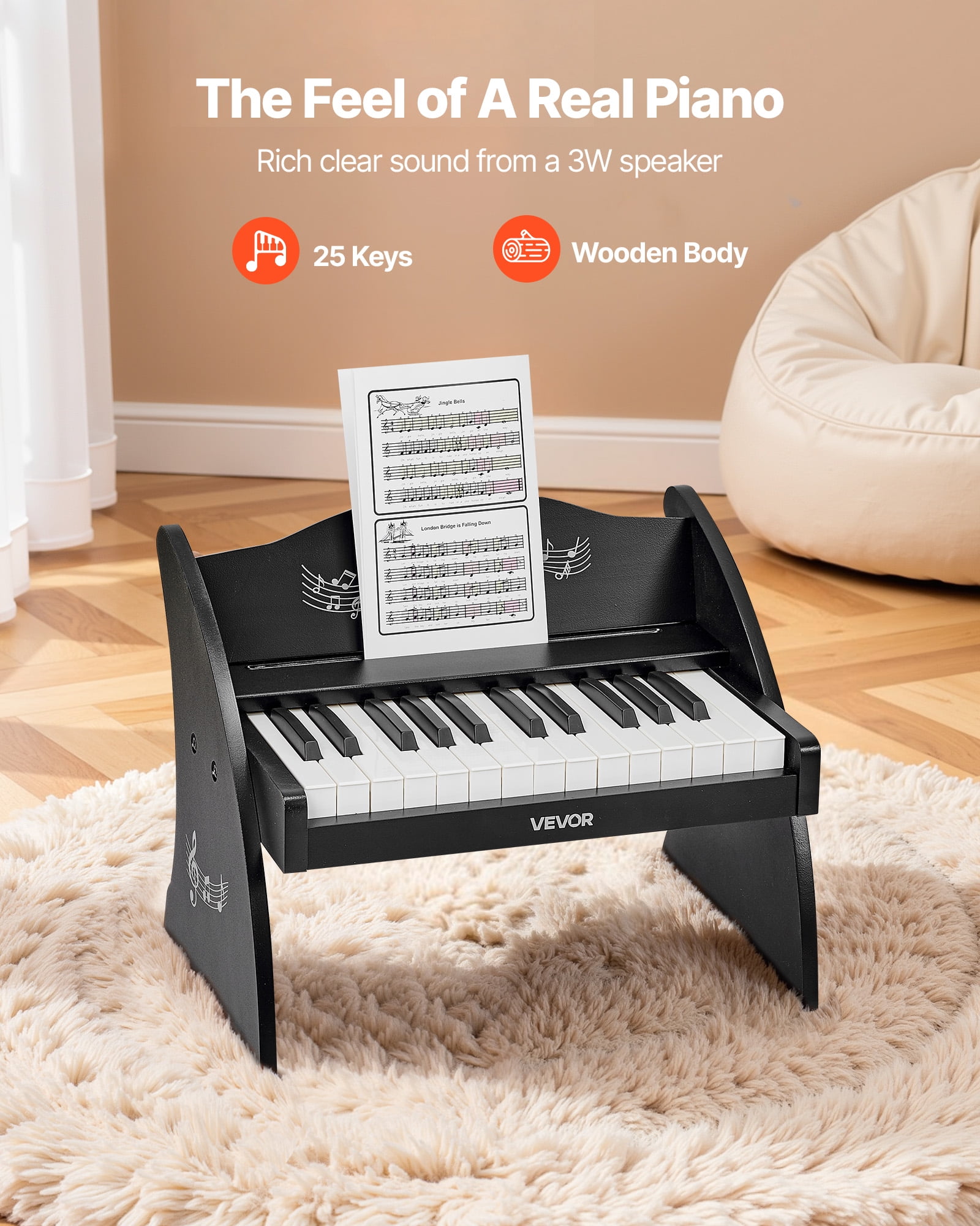 VEVOR Kids Piano Keyboard, 25 Keys Wooden Digital Piano for Kids, Mini Music Educational Instrument Toy with Realistic Sound, Dual Power, Adjustable Volume for Toddlers, Boys Girls Learning, Black