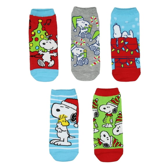 Peanuts Snoopy Women's Holiday Inspired Mix and Match 5-Pack Adult No-Show Ankle Socks Shoe Size 4-10