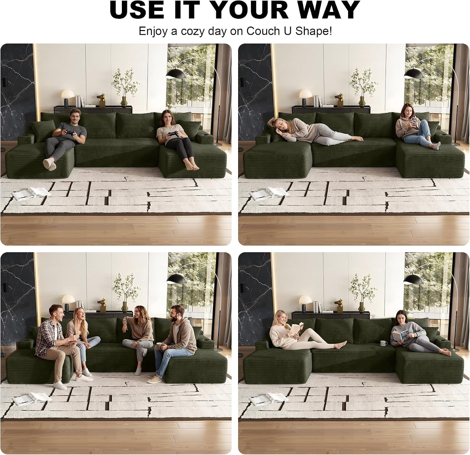134" Compressible U Shaped Modular Sectional Sofa Set, Minimalist Corduroy Cloud Couch for Living Room, No Assembly Required