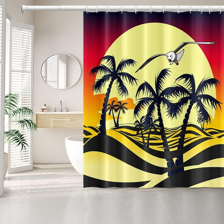 JOOCAR 72x72 Inch Tropical Sunset Landscape Shower Curtains Summer Sea  Level Coconut Tree Blossom Floral Bathtub Decor Cloth Waterproof Machine