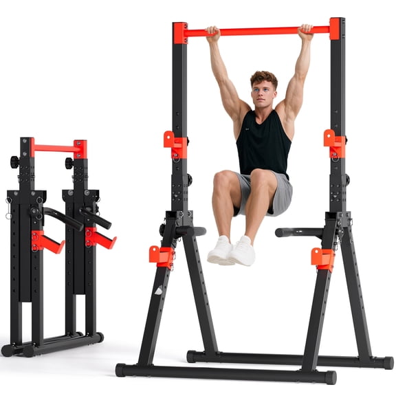 SogesPower Foldable Triangular Structure Pull Up Station , Free Standing Power Tower Pull Up Bar Dip Station Adjustable Height Strength Training Workout Equipment, Support 500lbs, Black&Red
