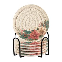 6 Pcs Drink Coasters with Holder 3.94in Woven Coasters for Drinks Circular Christmas Wreath Coaster Set for Protection Table