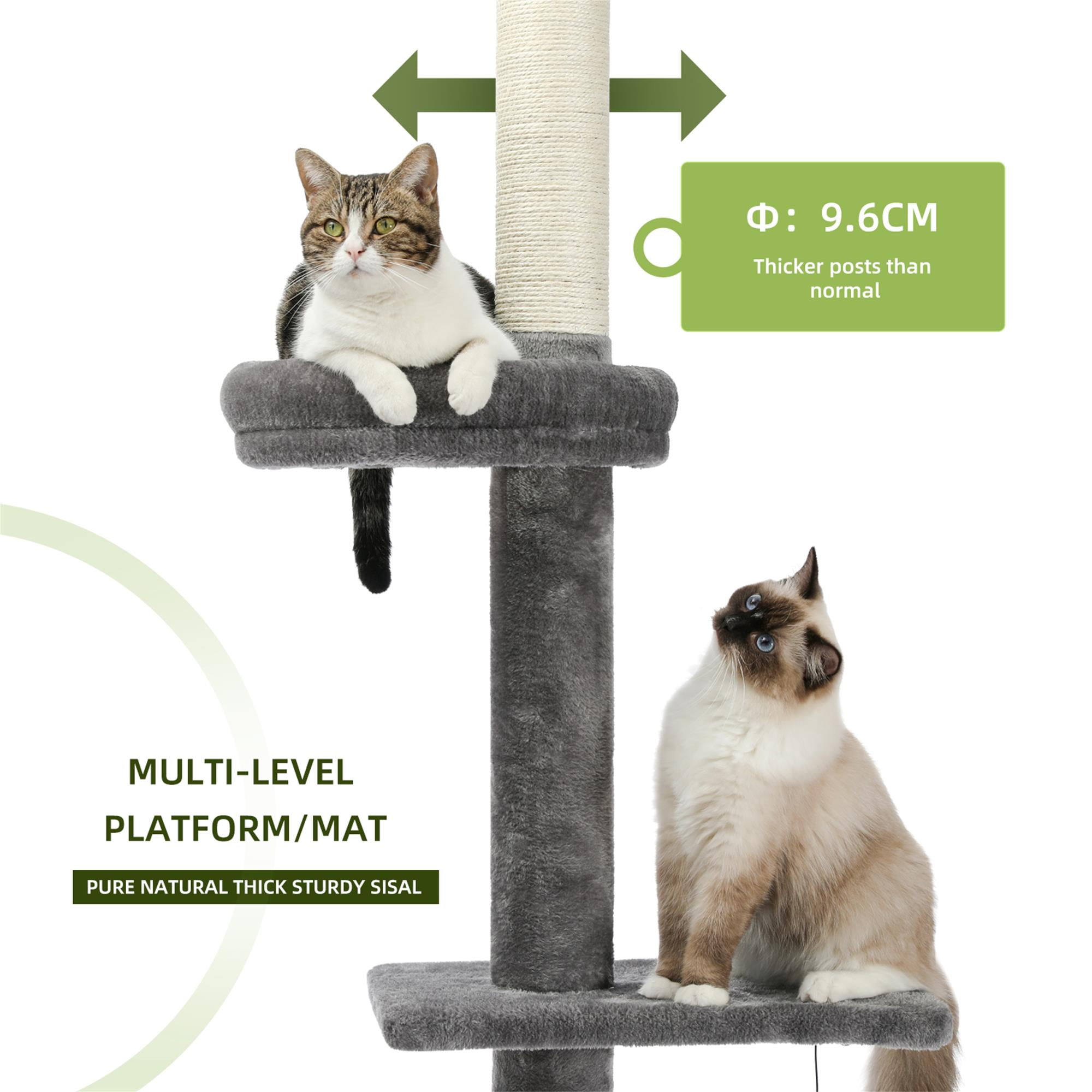 Kadyn Adjustable 90"-108" Tall Cat Tree for Indoor Cats, Multilevel Cat Tower with Sisal Scratching Posts, Floor-to-Ceiling Cat Condo for Adult Cats, Gray