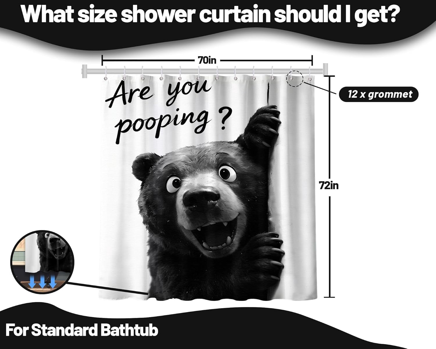 Funny Black Bear Shower Curtain Novelty Animal Safari Wildlife Shower Curtains for Kids Bathroom Decor Sets, Waterproof Cloth Fabric with Hooks, 70x72 Inch