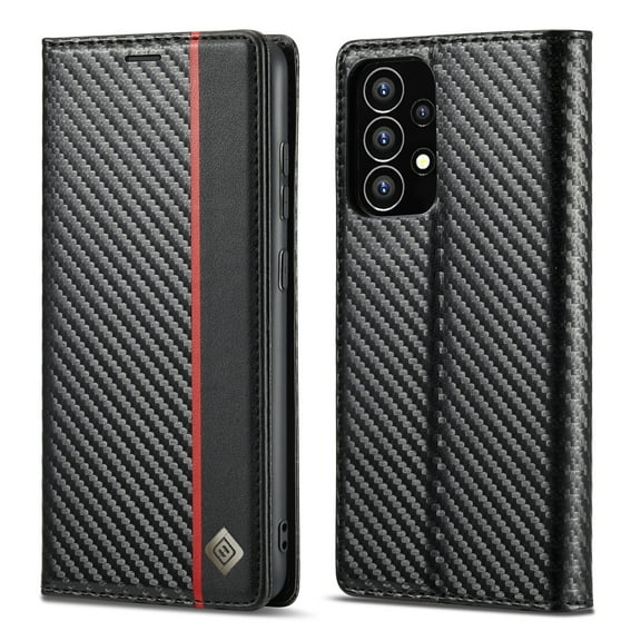 Dteck Wallet Case for Samsung Galaxy A53 5G,Carbon Fiber Premium PU Leather Flip Case with Card Holder Magnetic Closure Protective Cover,Vertical Red Line