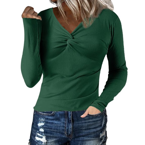DHFJKG Womens V Neck Front Knotted Ribbed Sweater Slim Fit Solid Color Long Sleeve Bottoming Shirt Casual Classic Jumper Tops