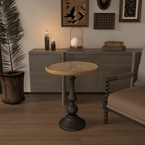 Round Wooden End Table with Metal Pedestal, French Country Side Table