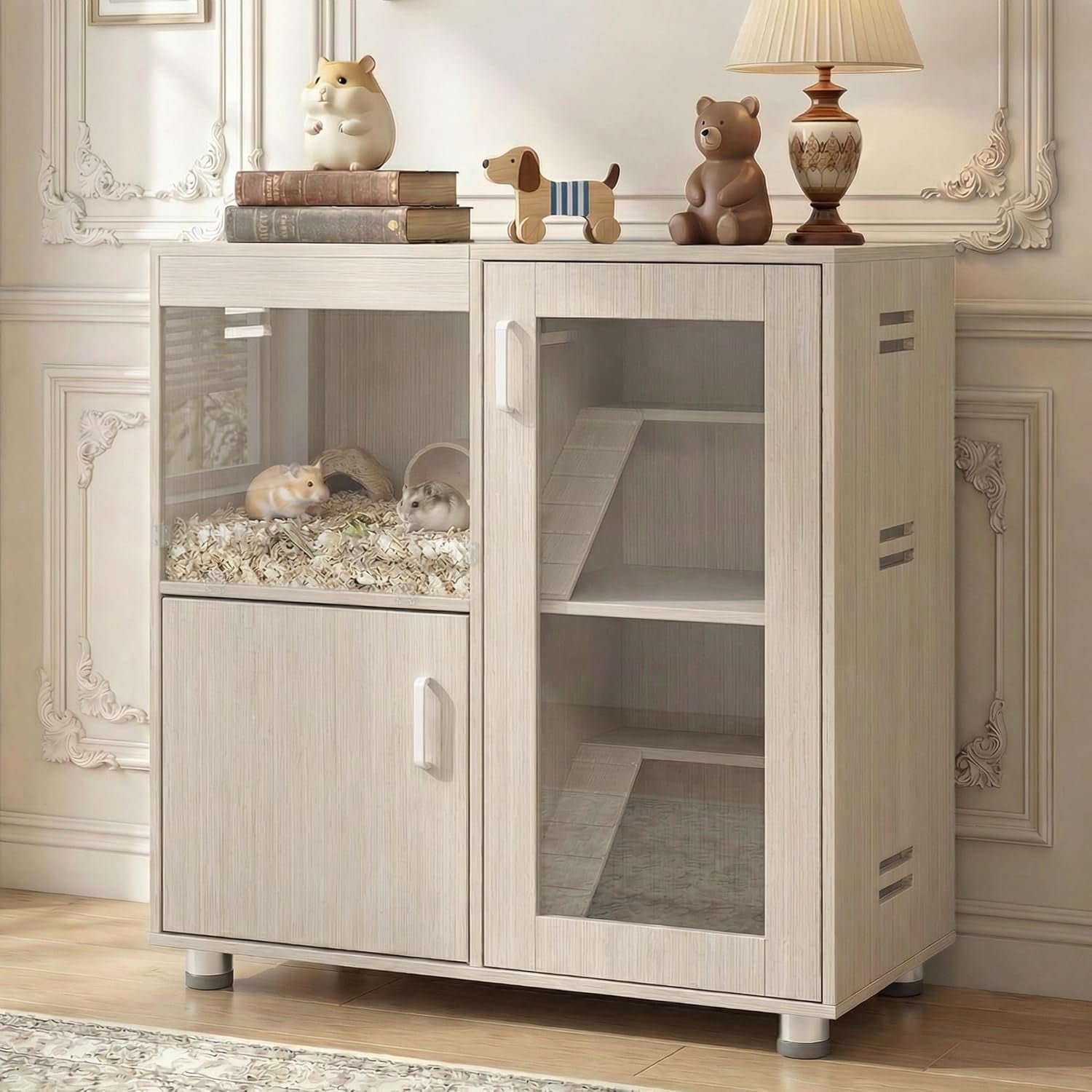 Hamster Cage with Storage Cabinet 4-Tier Large Guinea Pig Cage Small Animal Habitat with Acrylic Panels Window and Openable Top Suitable for Chinchillas (Wood Large)