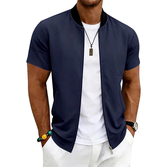 Wovilon Men's Short Sleeve Zip Up Bomber Jacket with Pockets, Casual Stand Collar Lightweight Summer Cardigan for Vacation and Daily Wear