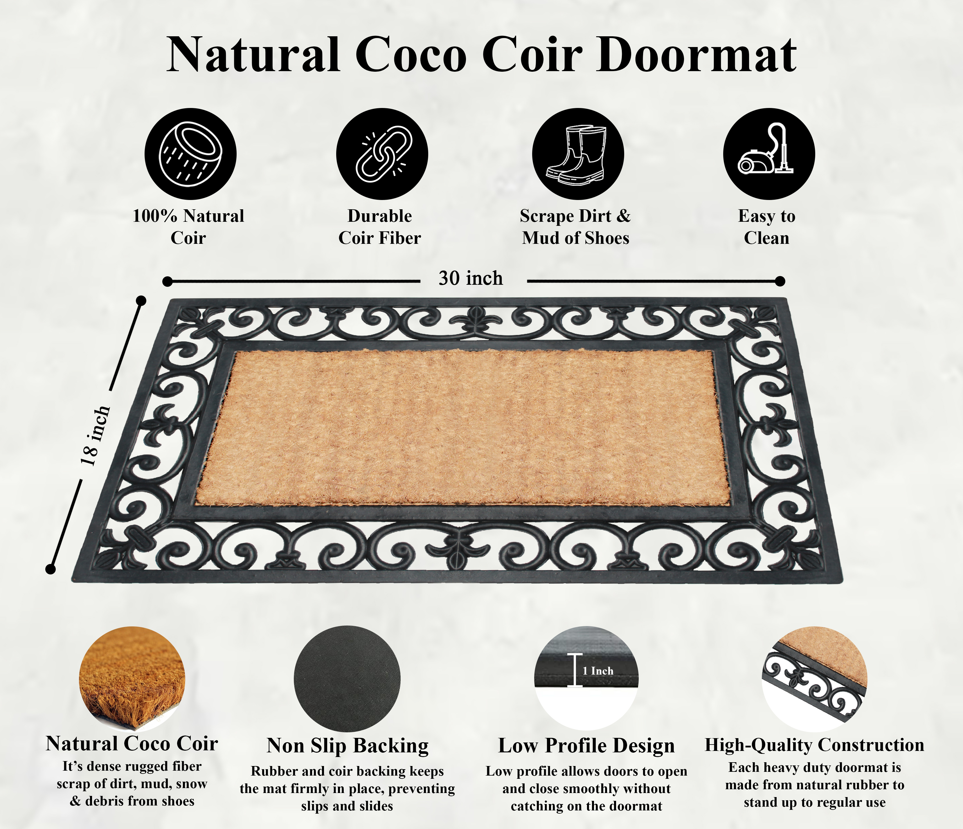 A1HC 18"x30" Natural Coir & Rubber Door Mat, Thick Durable Heavy Duty Paisley Black Welcome Mat for Front Door