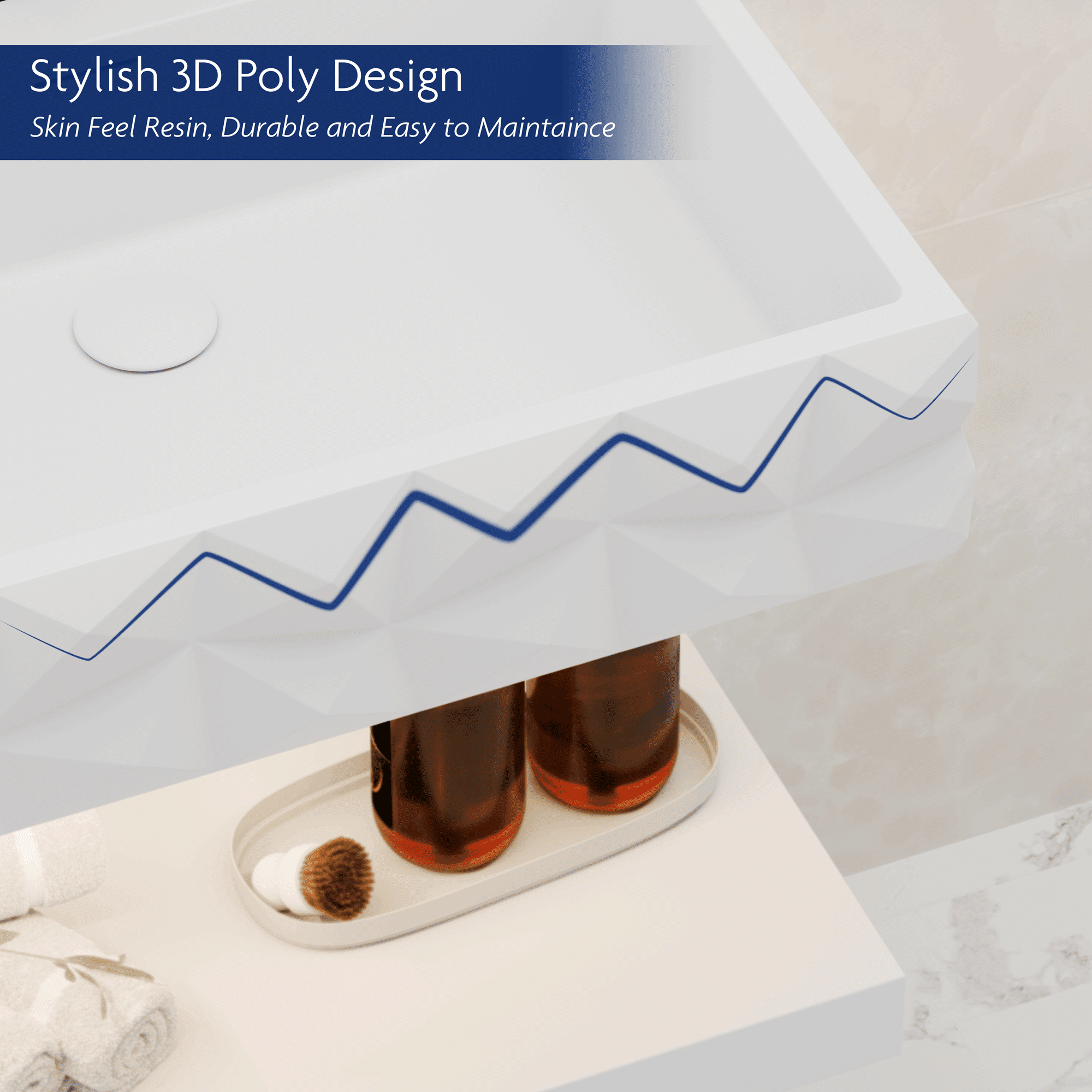 GESIPOR 24"x19" Bathroom Floating Vanity Sink with LED Light, Wall-Mount Stone Resin Bathroom Vessel Sink Rectangular Modern Art Basin with Shelf Layer