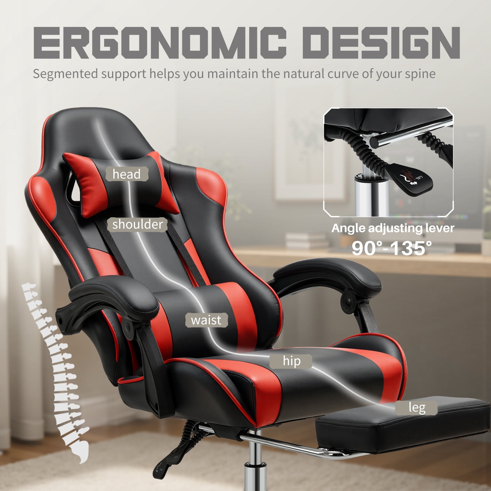 MCQ Computer Chair, Home Office Chair with Footrest and Lumbar Support for Office, Game Room, Black and Red