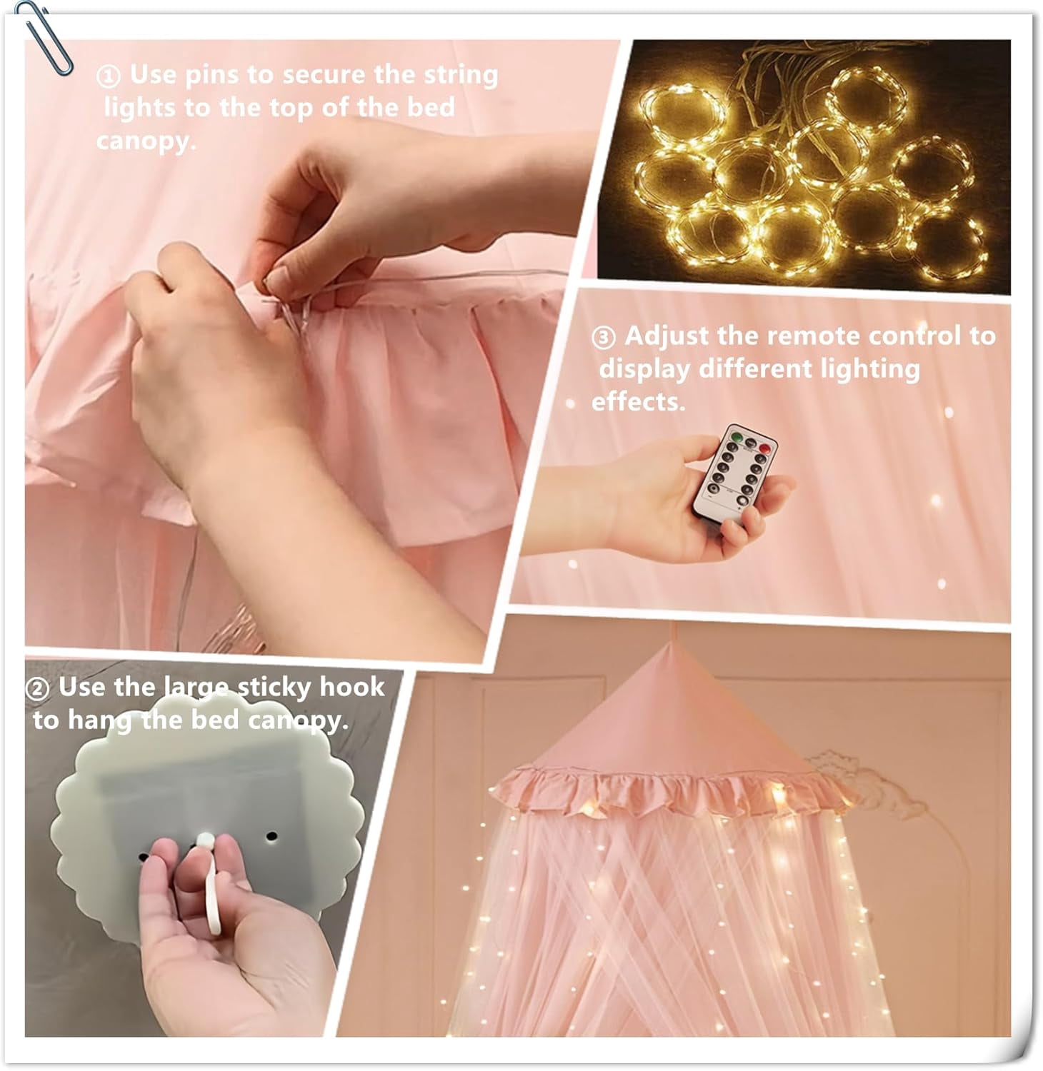 Princess Bed Canopy for Girls, Double Layer Canopy with 250pcs Warm White Curtain Lights, Fits Twin/Full Bed - Fairy Bed Tent for Kids Room Decor,Pink