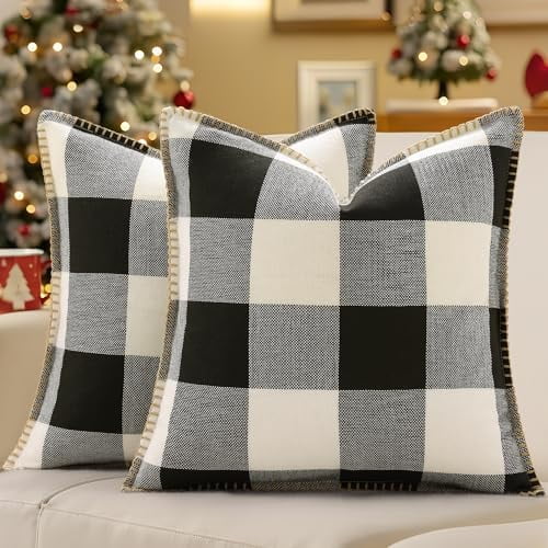 Christmas Buffalo Plaid Check Throw Pillow Covers 18x18 Set of 2, Outdoor Linen Decorative Farmhouse Gingham Pillow Covers with Stitched Edge for Bed Couch Sofa, Black and White