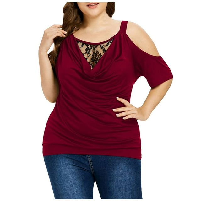 Jgppe Womens Plus Size Cold Shoulder Blouse Cowl Neck Lace Patchwork Stretchy Solid Color Casual Summer Tops
