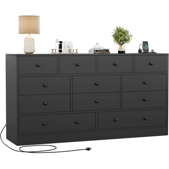 12 Drawer Black Dresser for Bedroom - 61" Modern Wooden Chest of Drawers with Charging Station - Large Storage Organizer & TV Stand - Nursery, Closet, Living Room - Black